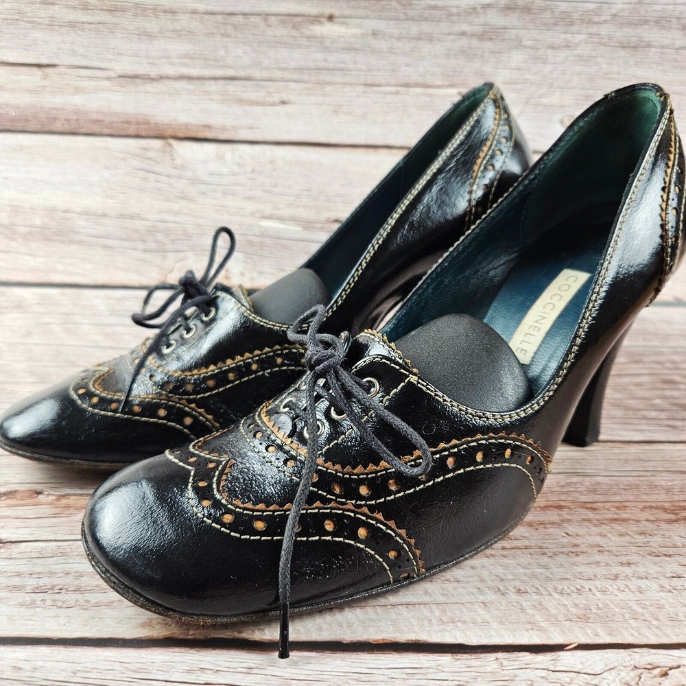 Coccinelle Oxford lace up leather pumps heels, black,‎ size EU 37.5